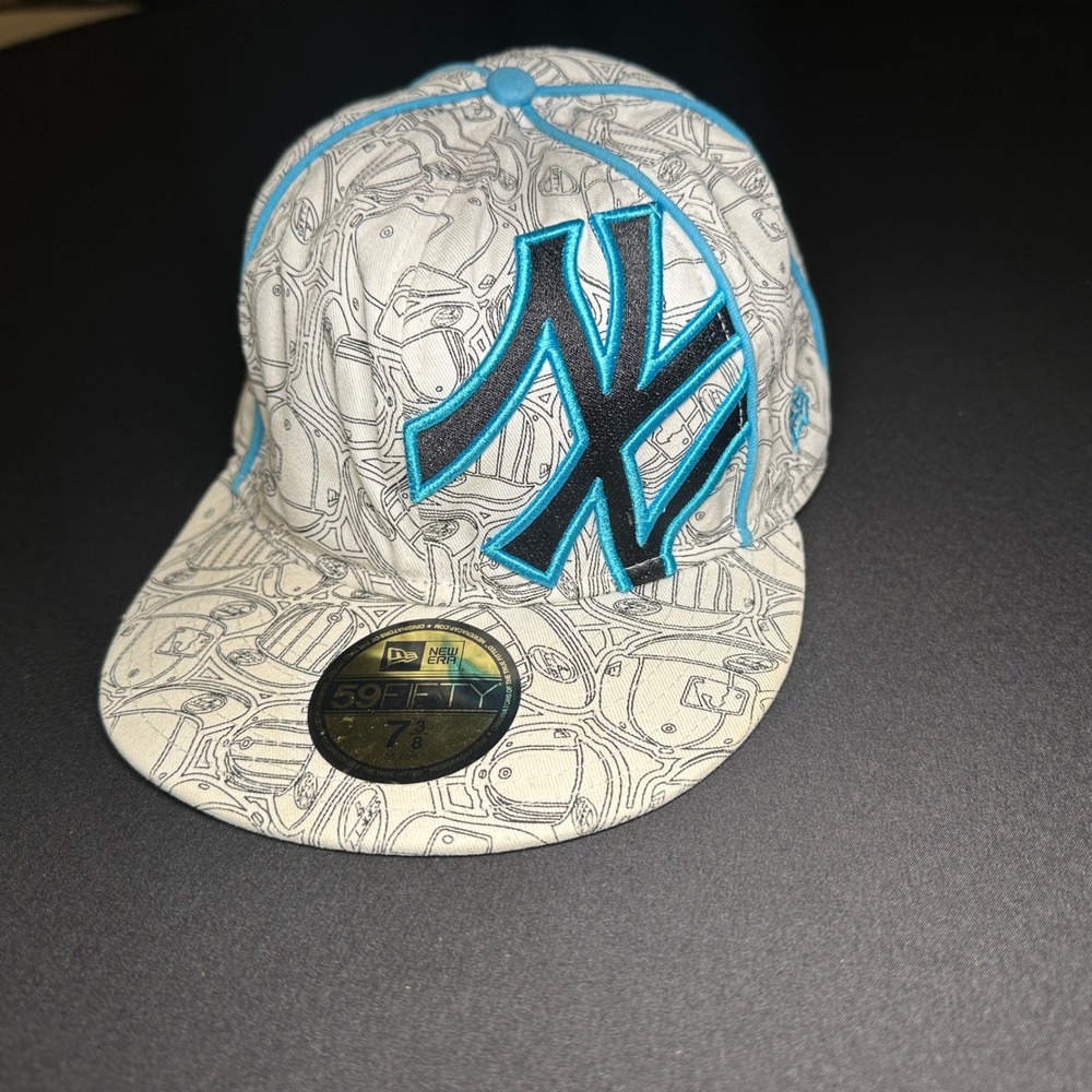 Y2K New Era NY Yankees Hat Cap 7 3/8 Blue 59FIFTY Rare All Over Print Streetwear